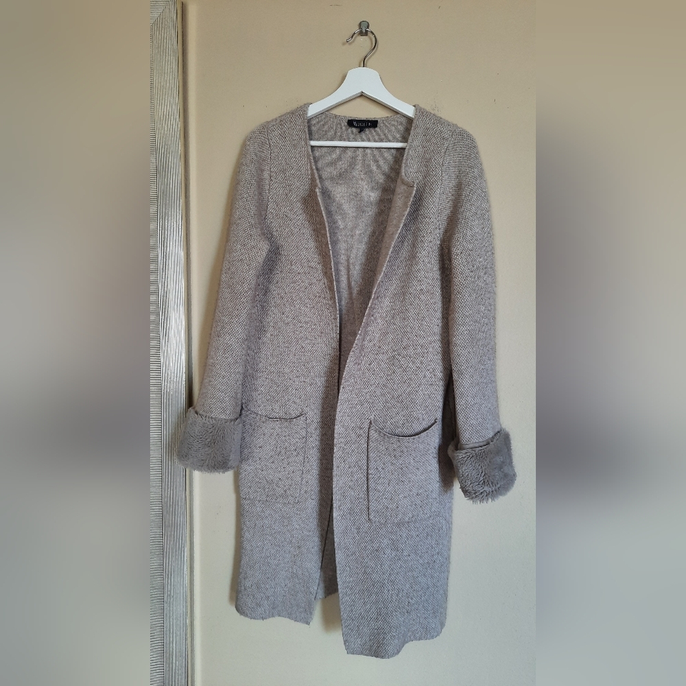 Sisters Long Cardigan Faux Fur Trim Cuffs Pockets Duster Chic Cozy - Picture 2 of 6